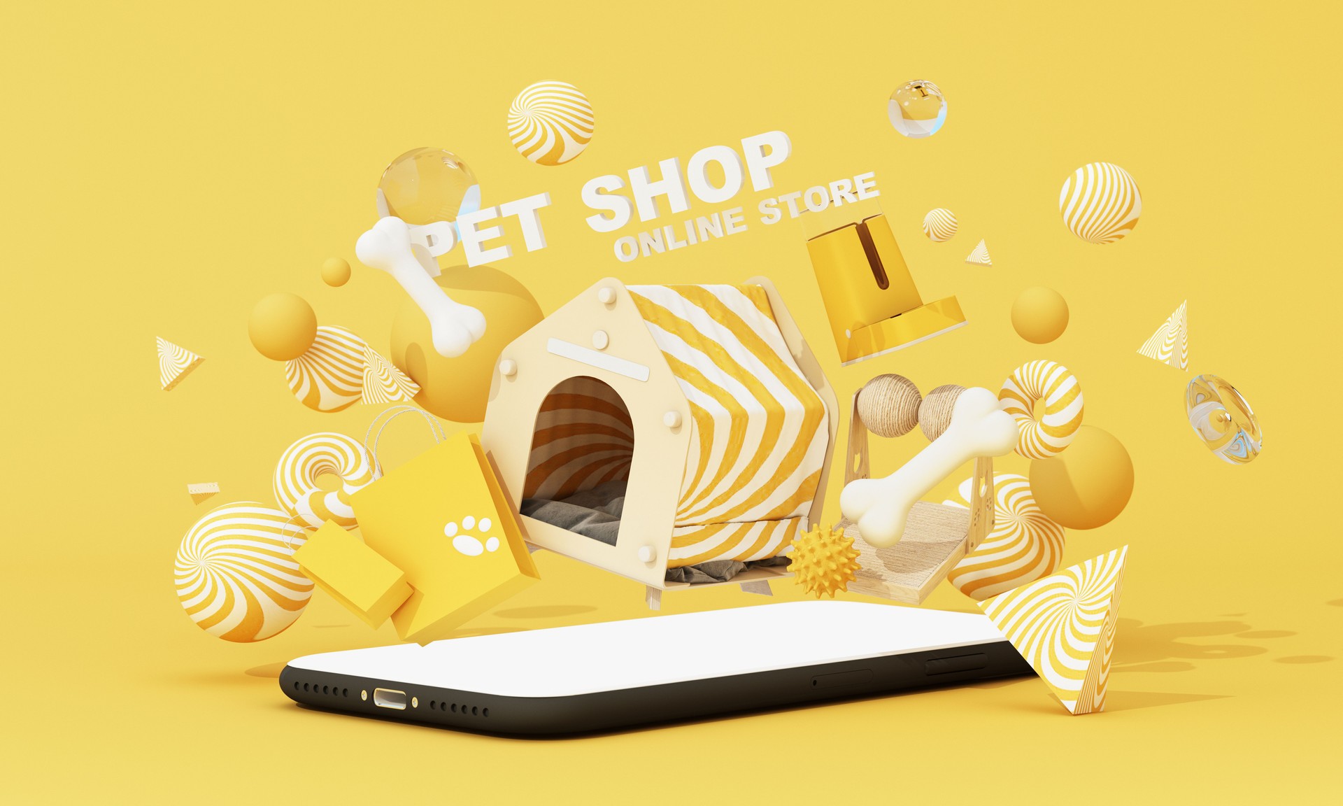 Modern pet shopping concept with smartphone in center and pet items surrounding it, emphasizing convenient mobile-based pet care solutions. 3d rendering.